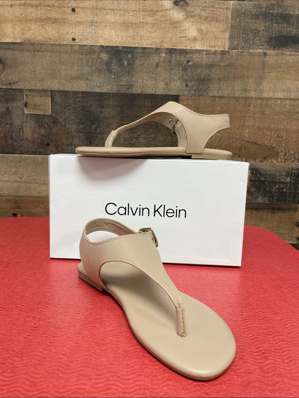 Calvin Klein Neutral Beige T-Strap Sandals